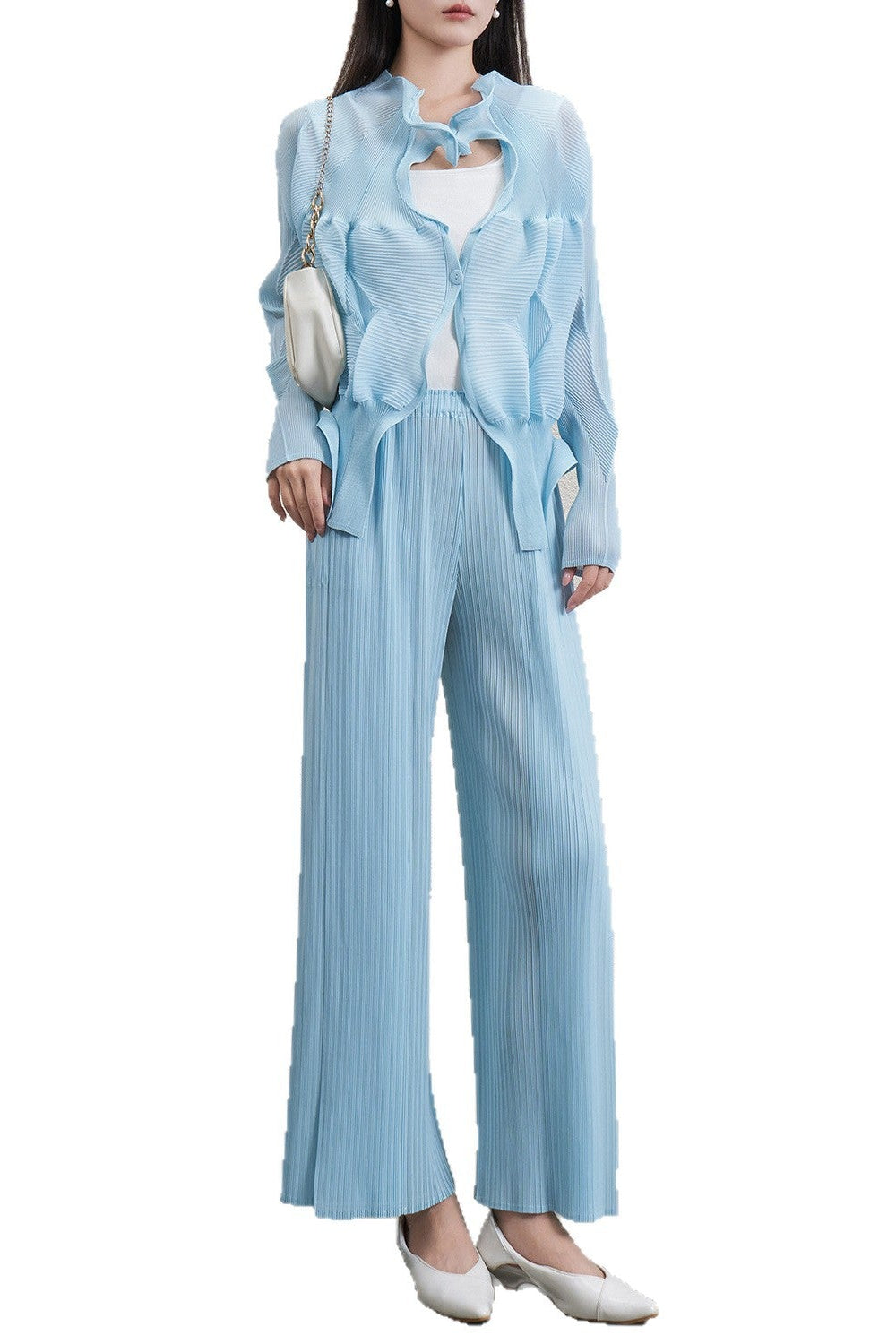 Pleated Floral Bud Cardigan and Wide-Leg Pants Set – Elegant Two-Piece Outfit