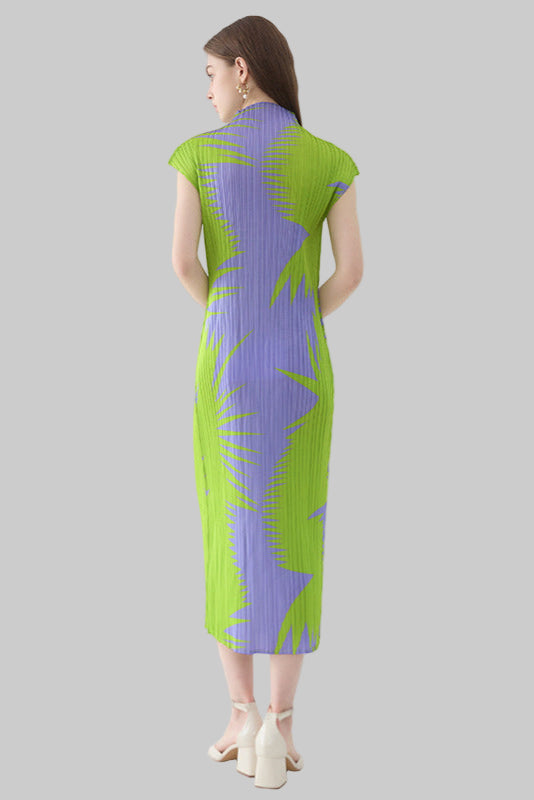 Pleats Art Style Pleated Dress – Sleeveless Half-Turtleneck Midi Print
