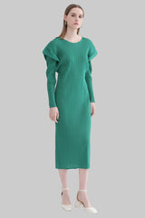 Pleats Art Style Long-Sleeve Pleated Dress – Slim Fit, Solid Color
