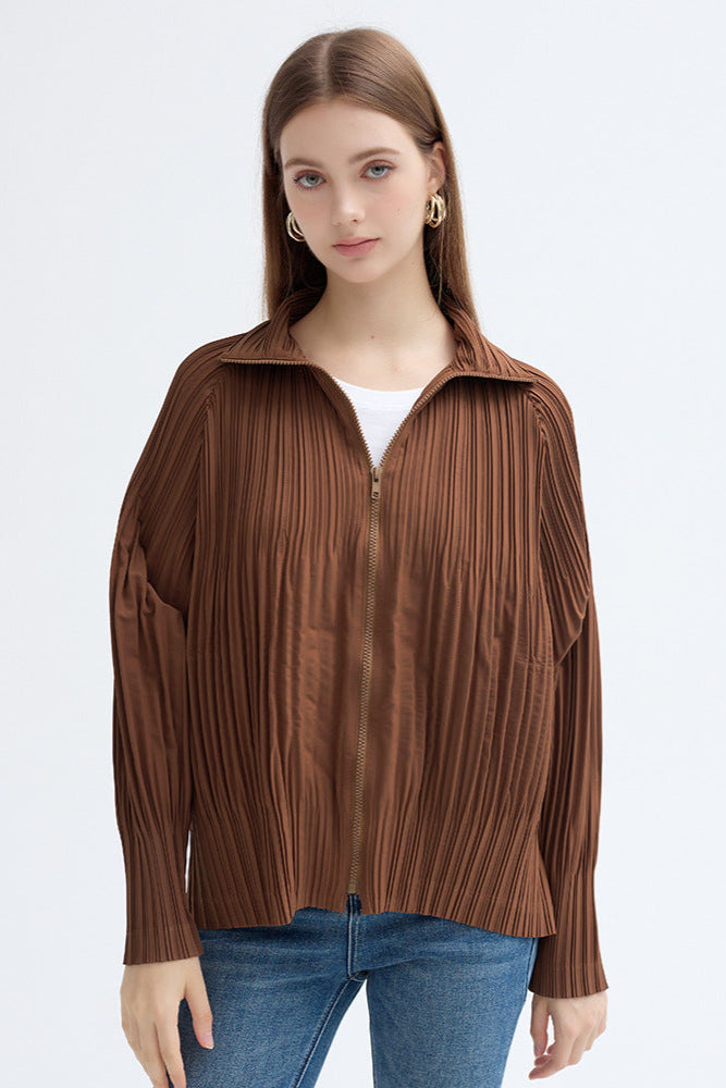 Pleats Please Stand Collar Jacket – Pleated Zipper Trench Style
