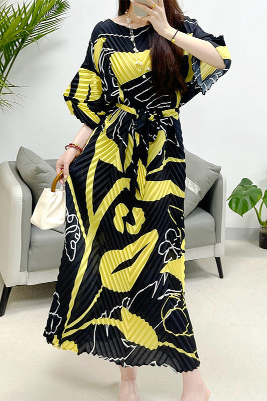 2025 Fall Winter Pleated Printed Maxi Dress – V-Fold Design, Elegant Casual Style for Women
