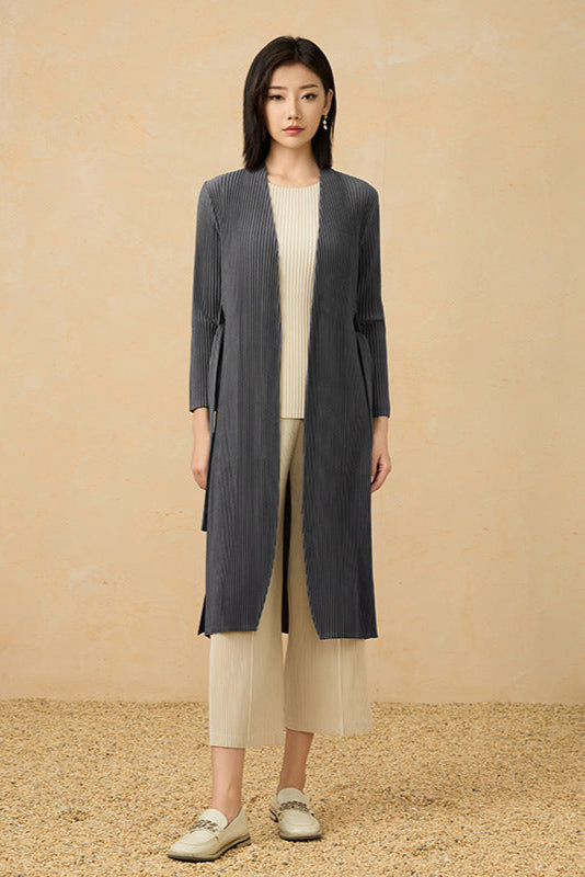 2025 Fall Pleated Long Trench Coat – Thick Fabric, Elegant Style, Lace-Up Mid-Length Jacket