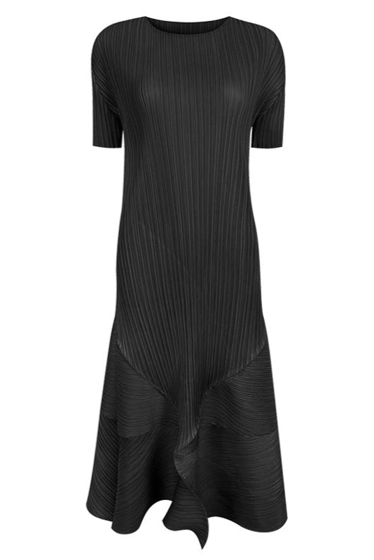 Pleats Art Style Pleated Dress – Short Sleeve Crew Neck Midi