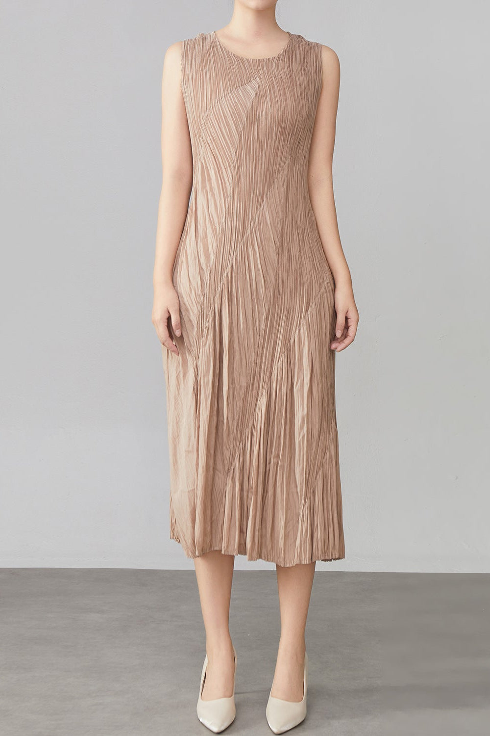 Pleats Art Style Pleated Dress – Spliced Sleeveless Midi