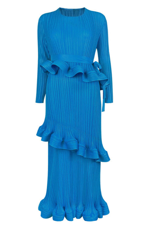 Pleats Art Style Ruffled Lace-Up Pleated Dress – Long Sleeve Midi