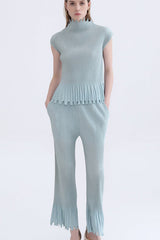 2025 spring/summer new Miyake personalized tassel solid color sleeveless suit semi-turtleneck top straight-leg trousers two-piece set