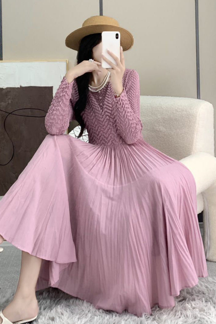 Pleated Solid Color A-Line Maxi Dress – Elegant Waist-Tied Style for Women