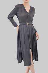Pleated V-Neck Long Sleeve Maxi Dress – Elegant Women’s Outfit