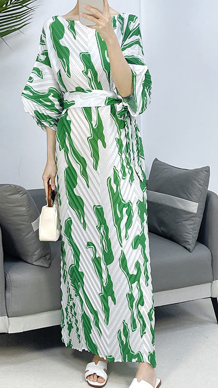 2025 Fall Winter Pleated Printed Maxi Dress – V-Fold Design, Elegant Casual Style for Women