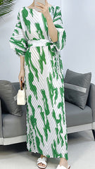 2025 Fall Winter Pleated Printed Maxi Dress – V-Fold Design, Elegant Casual Style for Women