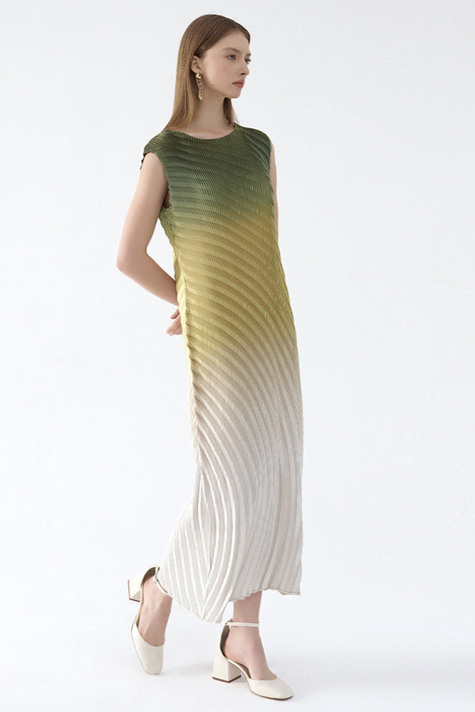 Pleats Art Style Pleated Dress – Fish Scale Gradient Sleeveless Round Neck