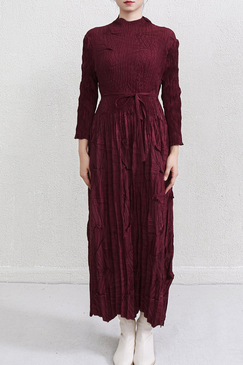 Pleats Art Style Pleated Maxi Dress – Lace-Up Waist Irregular Design