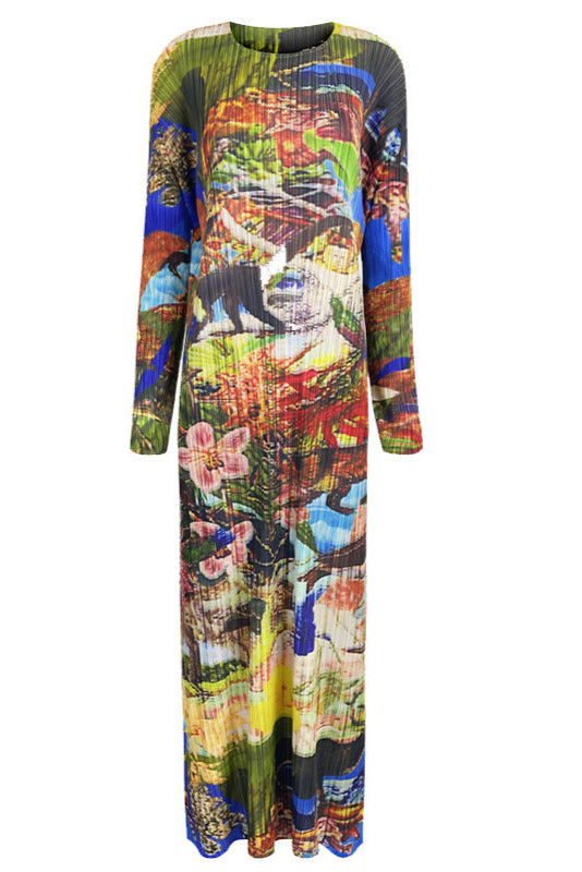 Pleated Jurassic Print Maxi Dress – Colorful Long Sleeve A-Line Style