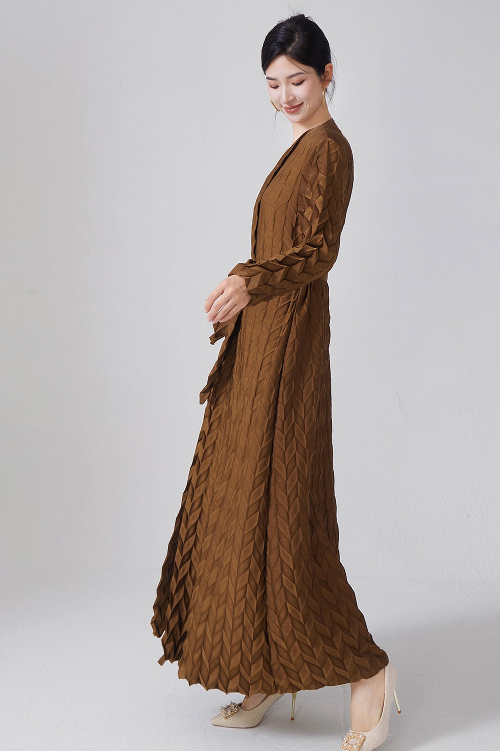 Pleats Please Lace-Up Trench Coat – Plus-Size Friendly Pleated Mid-Length Jacket