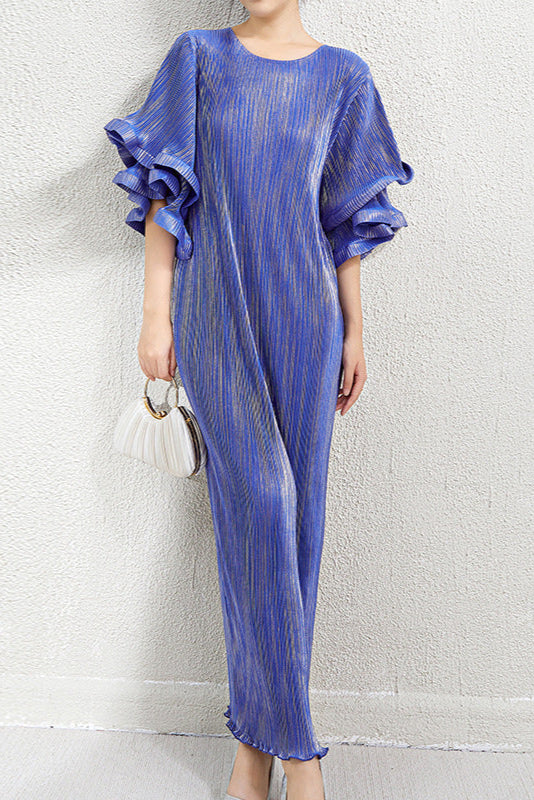 Pleats Art Style Pleated Dress – Metallic Slim Fit with Double-Layer Ruffled Sleeves