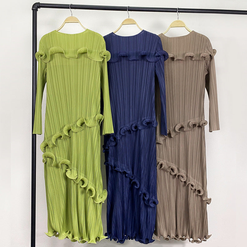 Pleats Art Style Plus-Size Slim-Fit Pleated Dress – Long Sleeve, Solid Color