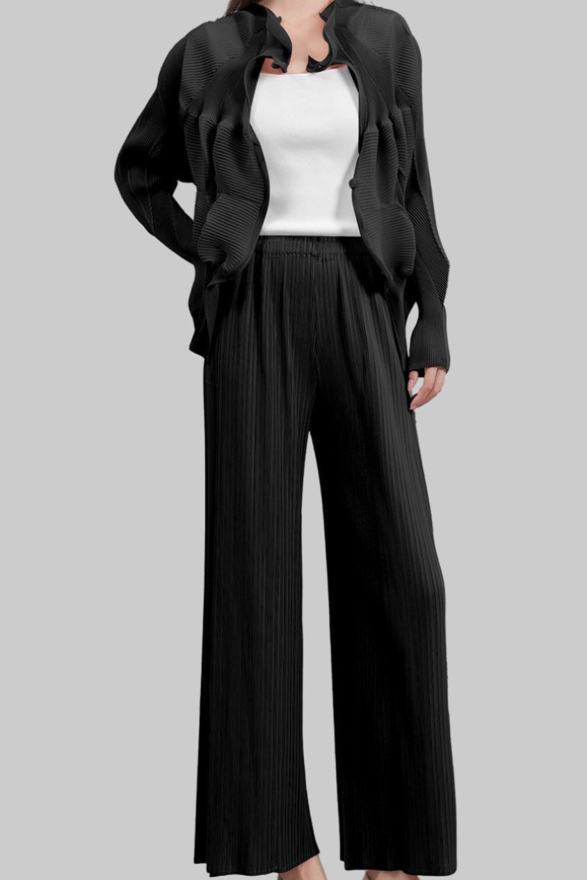 Pleated Floral Bud Cardigan and Wide-Leg Pants Set – Elegant Two-Piece Outfit