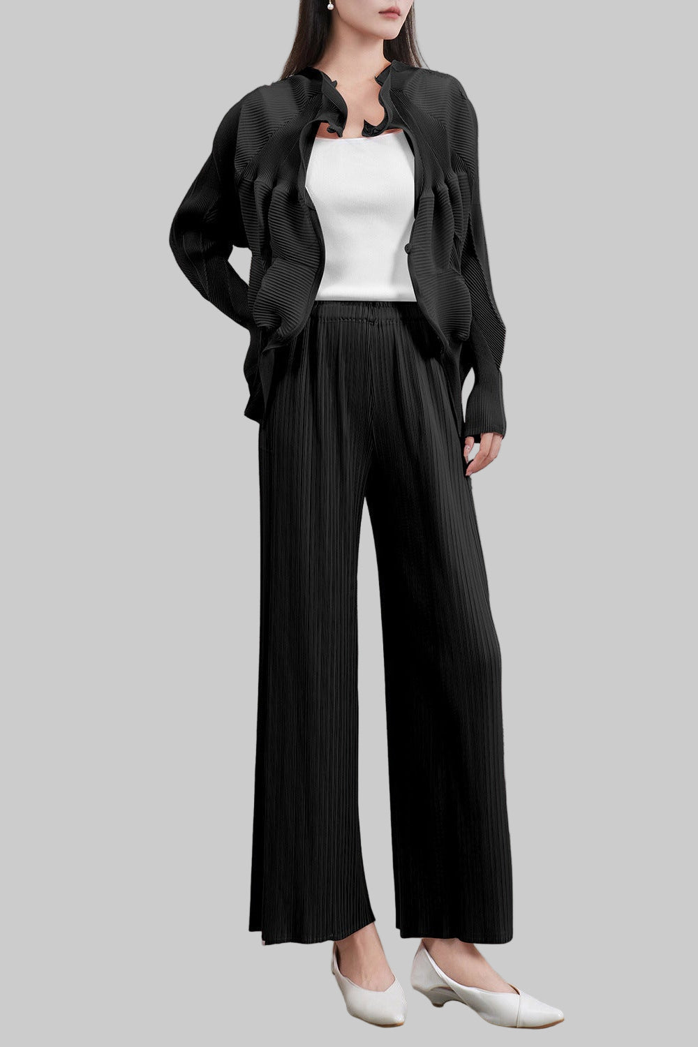 Pleated Floral Bud Cardigan and Wide-Leg Pants Set – Elegant Two-Piece Outfit