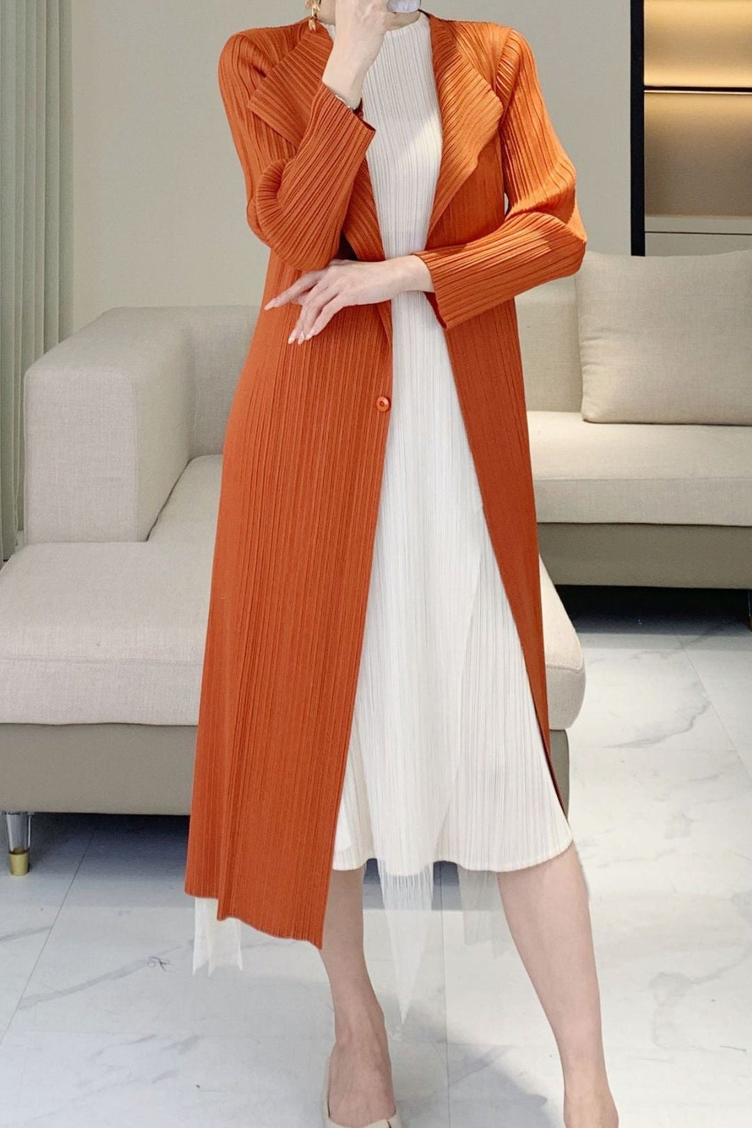 Pleated Style Mid-Length Windbreaker Cardigan – Lightweight Pre-Autumn Jacket