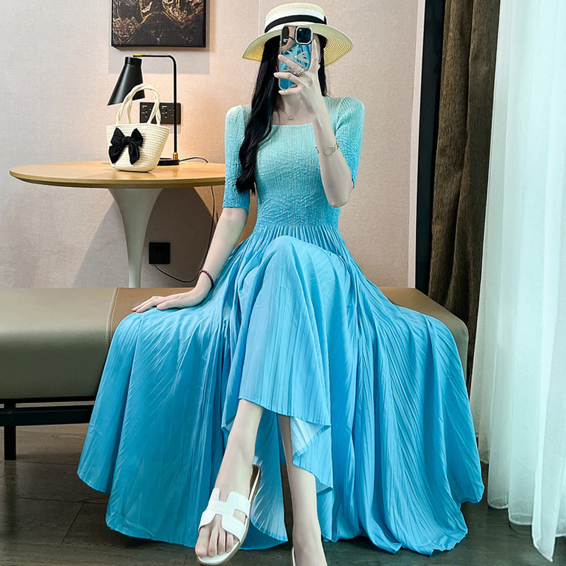 Pleats Art Style Gradient Pleated Dress – 2025 Summer Luxury Feminine A-Line Maxi Skirt