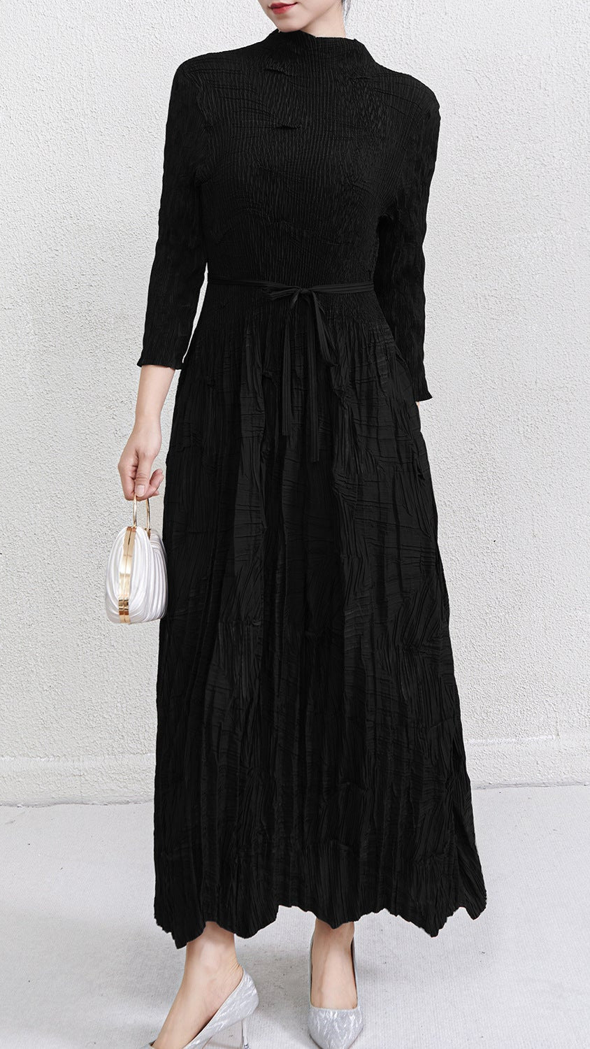 Pleats Art Style Pleated Maxi Dress – Lace-Up Waist Irregular Design