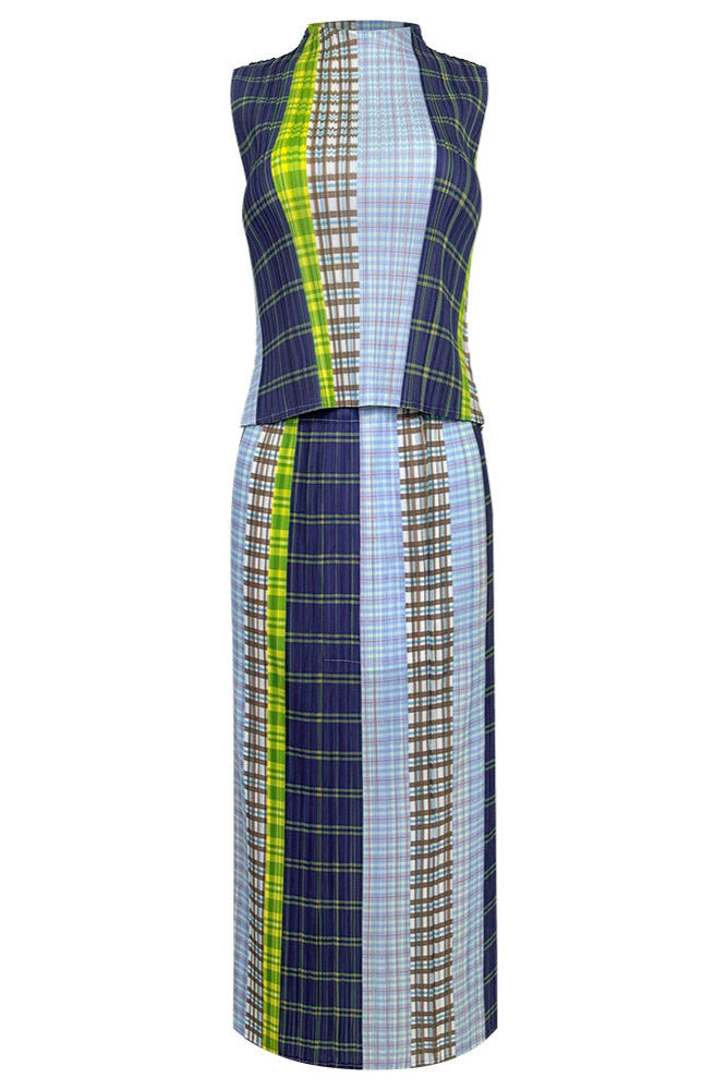 Pleats Art Style Three-Piece Set – Vintage Plaid Pleated Skirt, Long-Sleeve Top & Sleeveless Vest