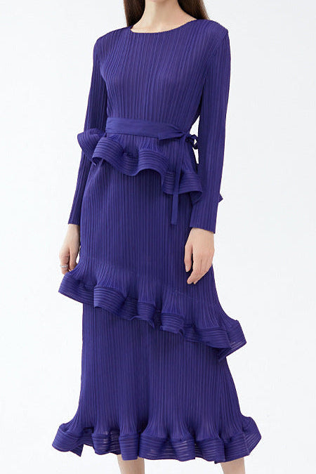 Pleats Art Style Ruffled Lace-Up Pleated Dress – Long Sleeve Midi