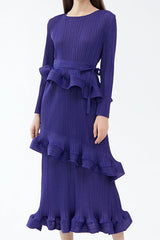 Pleats Art Style Ruffled Lace-Up Pleated Dress – Long Sleeve Midi