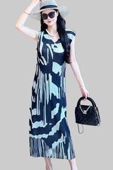 Retro design long contrast dress Miyake summer 2025 female slimming crew neck sleeveless pleated skirt