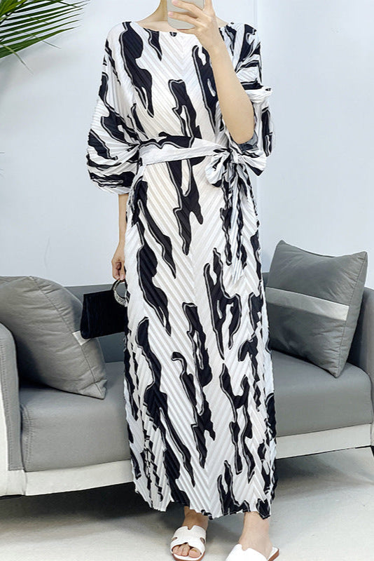 2025 Fall Winter Pleated Printed Maxi Dress – V-Fold Design, Elegant Casual Style for Women