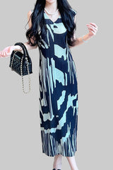 Retro design long contrast dress Miyake summer 2025 female slimming crew neck sleeveless pleated skirt