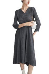 Pleated V-Neck A-Line Plus-Size Dress – Elegant and Flattering Style