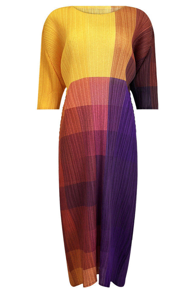 Pleats Art Style Color-Block A-Line Pleated Dress – Mid-Length Rainbow Design