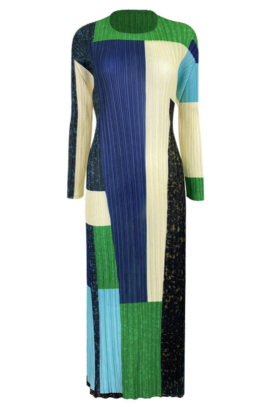 Pleats Art Style Geometric Pleated Dress – Slim Long Sleeve A-Line