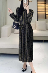 Women’s Pleated Midi Dress – Autumn Foil Print Plus-Size Slimming Style