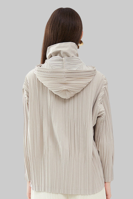 Pleats Please Short Trench Coat – Solid Color Pleated Jacket with Detachable Hood
