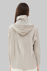 Pleats Please Short Trench Coat – Solid Color Pleated Jacket with Detachable Hood