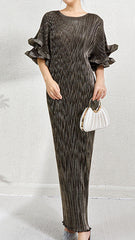 Pleats Art Style Pleated Dress – Metallic Slim Fit with Double-Layer Ruffled Sleeves