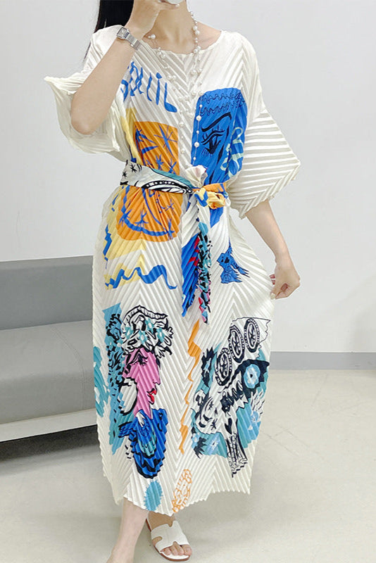 2025 Fall Winter Pleated Printed Maxi Dress – V-Fold Design, Elegant Casual Style for Women