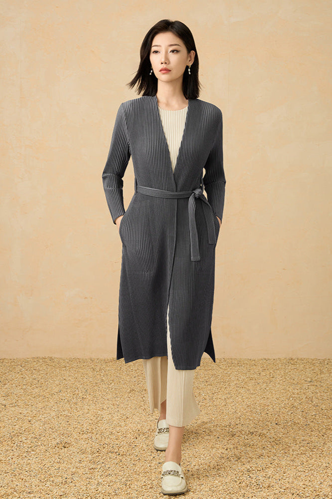2025 Fall Pleated Long Trench Coat – Thick Fabric, Elegant Style, Lace-Up Mid-Length Jacket