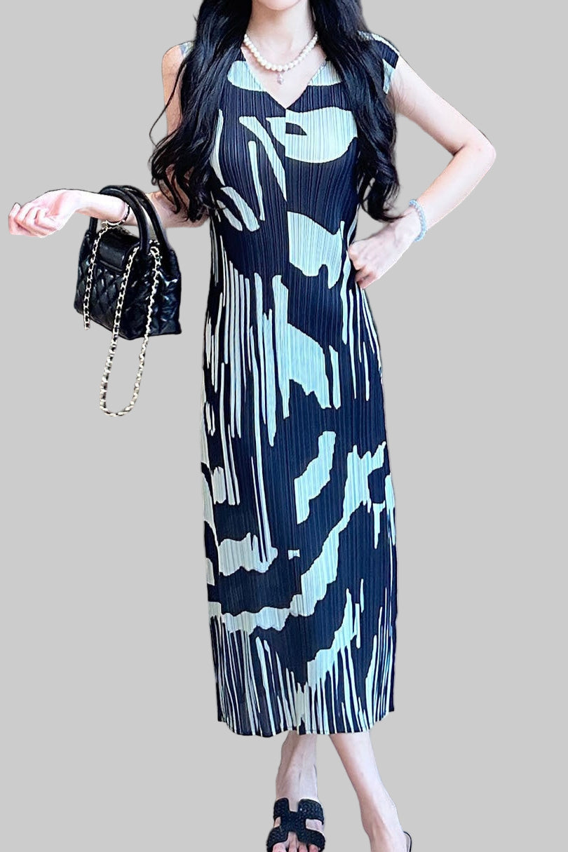 Retro design long contrast dress Miyake summer 2025 female slimming crew neck sleeveless pleated skirt