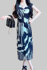 Retro design long contrast dress Miyake summer 2025 female slimming crew neck sleeveless pleated skirt