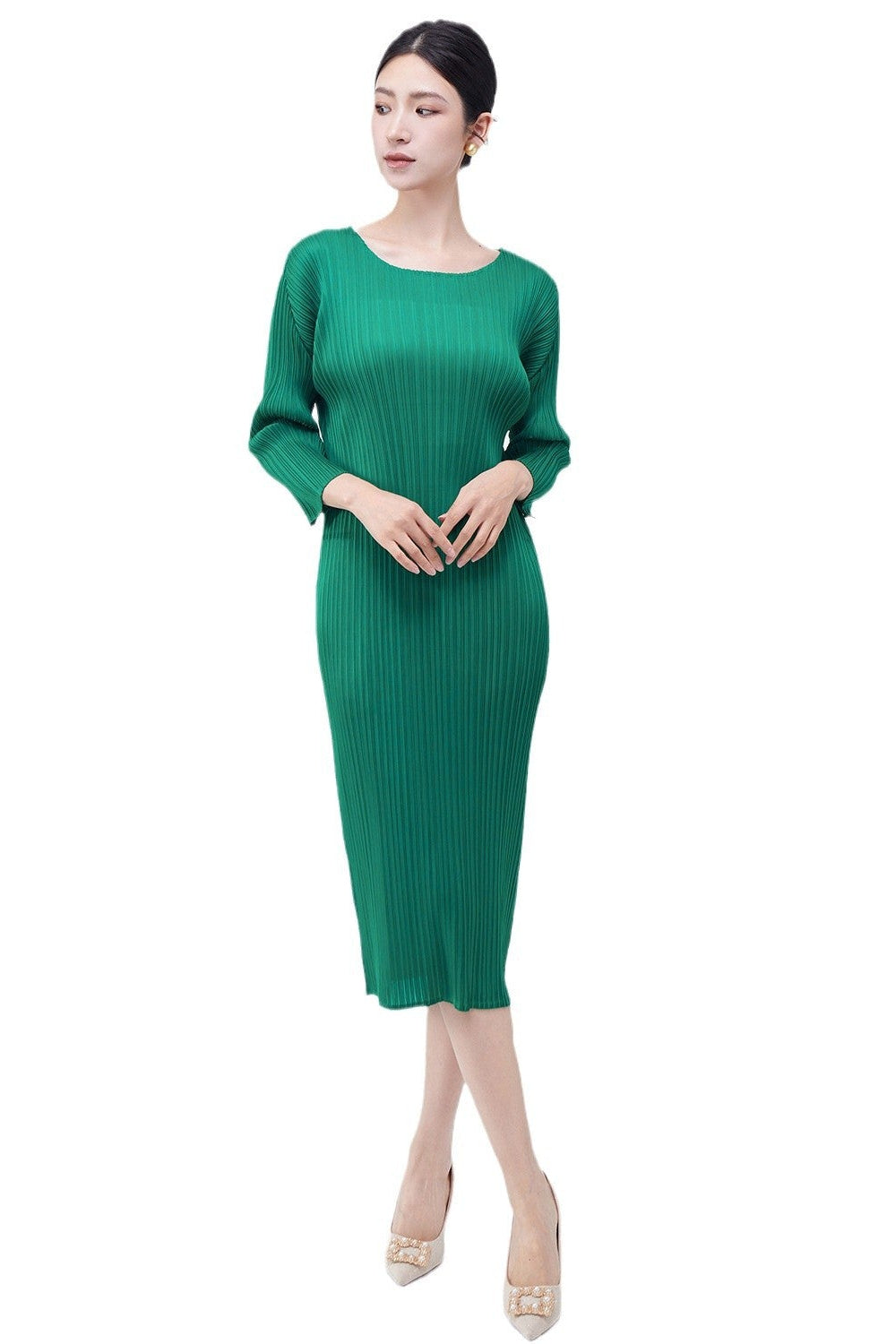 Pleats Art Style Pleated Dress – Long Sleeve Solid Color Mid-Length Loose Fit