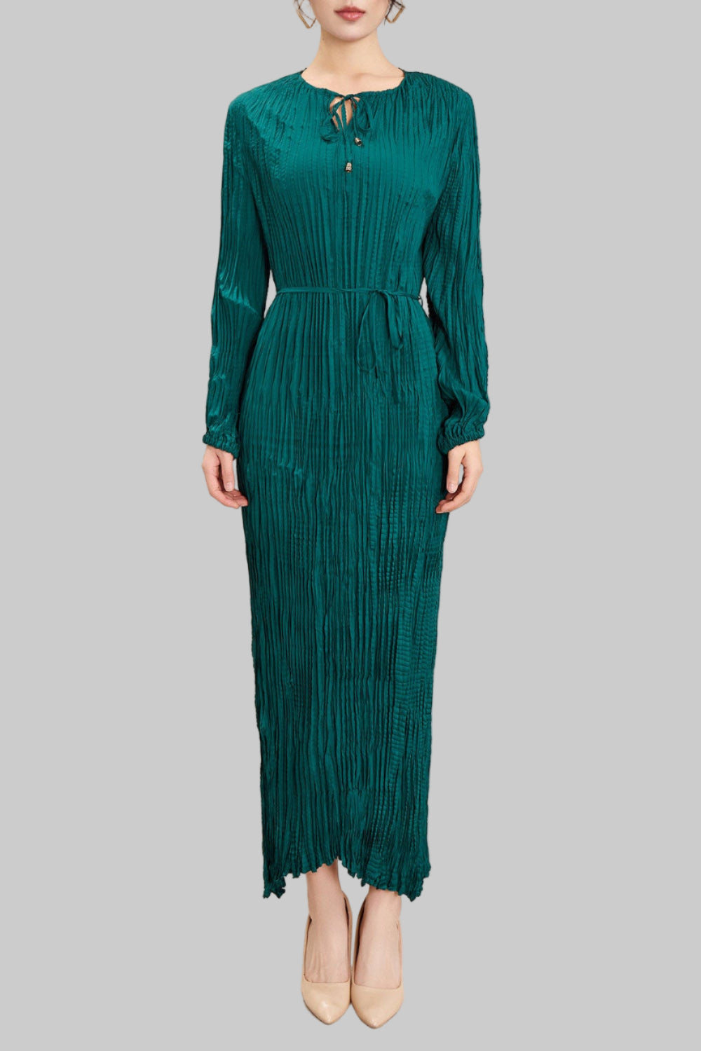 Pleats Art Style Pleated Dress – Irregular Long Sleeve Cinched Waist