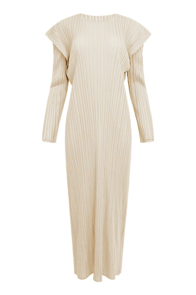 Pleats Art Style Long-Sleeve Pleated Dress – Slim Fit, Solid Color