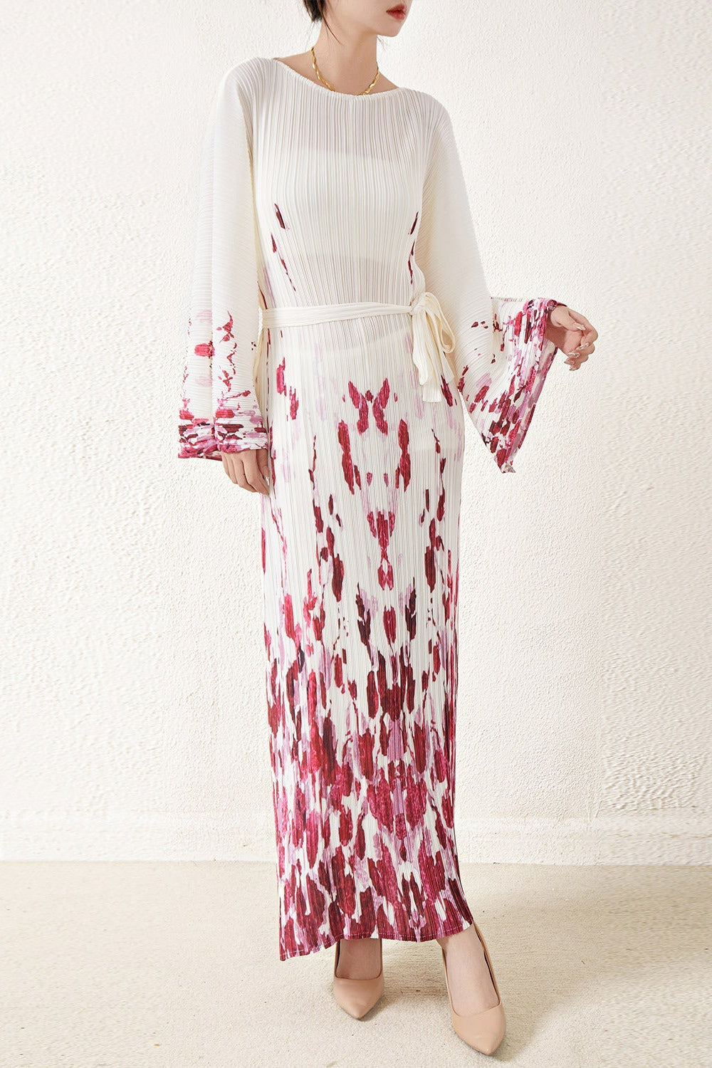 Pleated Printed Lace-Up Straight Dress – Elegant and Modern Women’s Style