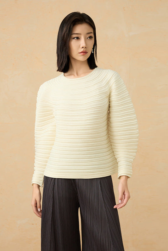 2025 Winter Japanese Pleated Sweater – Crew Neck, Soft Knit, Long Sleeve Solid Color Style