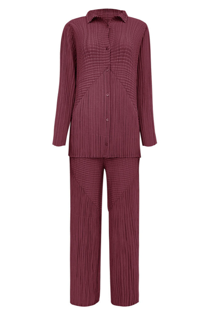 Pleated Solid Color Shirt and Straight Pants Set – Chic Two-Piece Outfit
