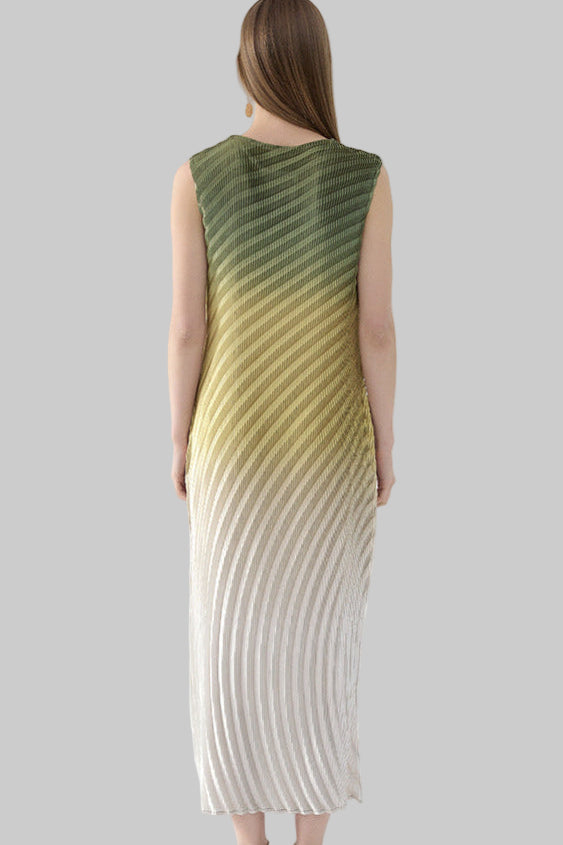 Pleats Art Style Pleated Dress – Fish Scale Gradient Sleeveless Round Neck