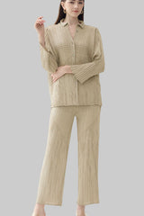 Pleated Solid Color Shirt and Straight Pants Set – Chic Two-Piece Outfit
